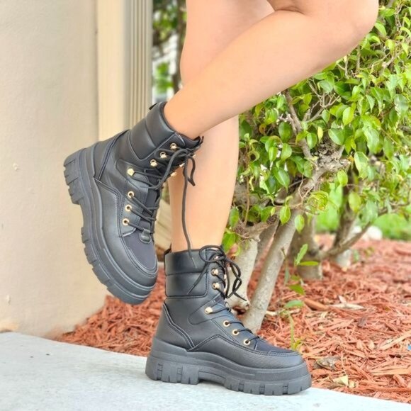 Women's Black Chunky Block High Heel Ankle Combat Booties - Picture 4 of 6